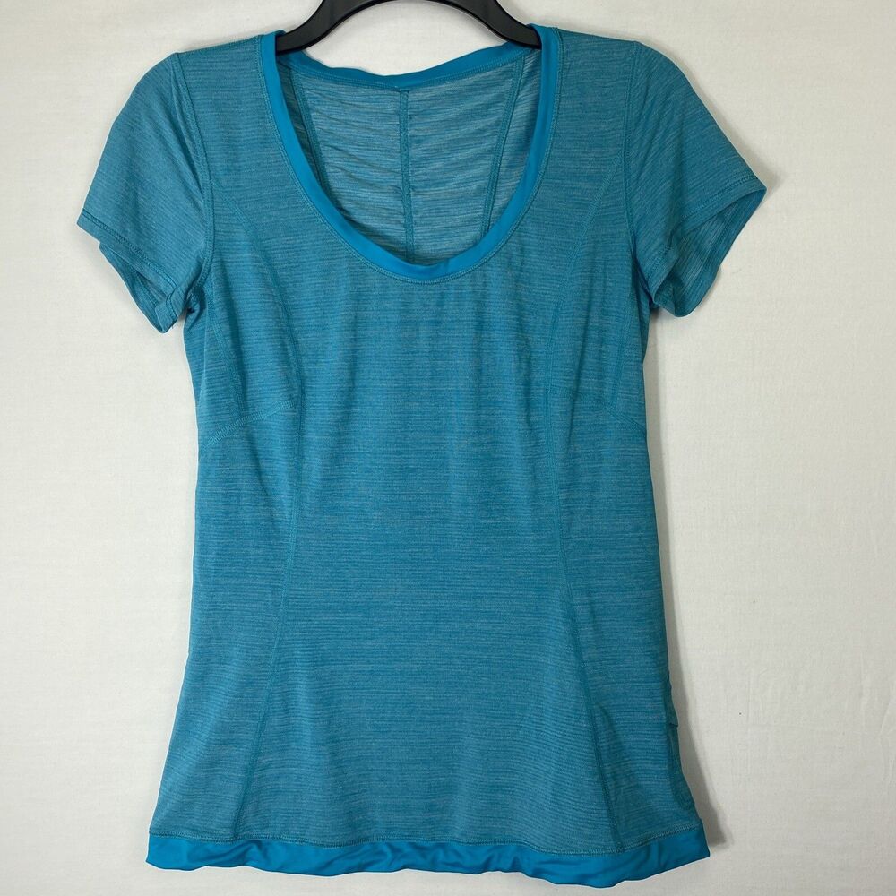 Lululemon Short Sleeve Shirt Cinch Waist Blue Top Fits Size Medium No Size Dot